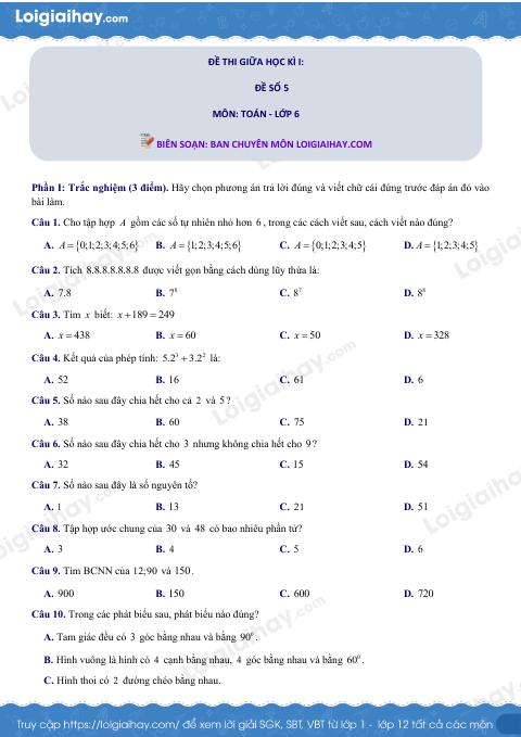 Đề thi giữa kì 1 Toán 6 - Đề số 5